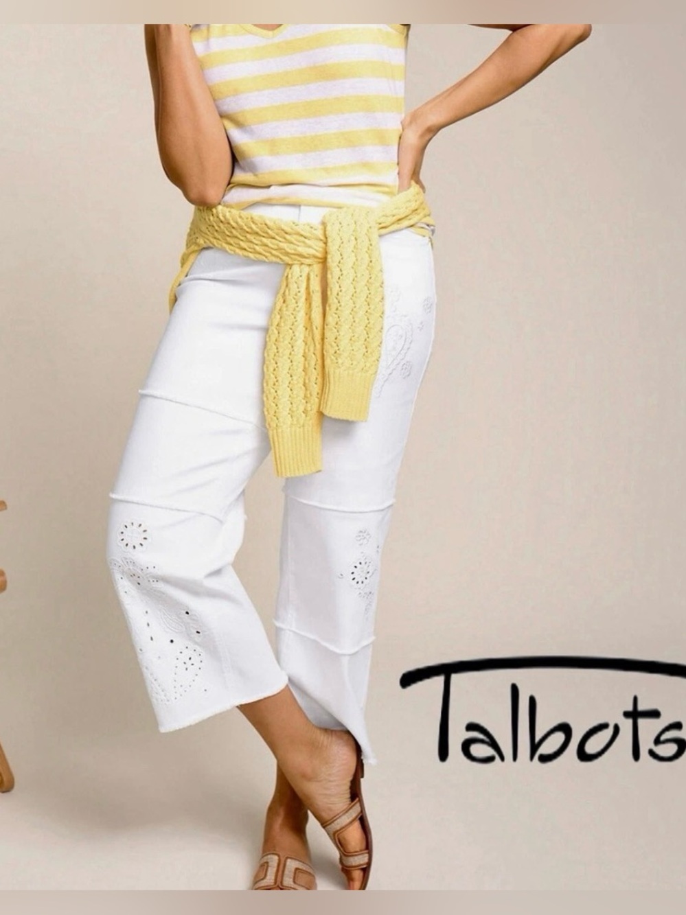 TALBOTS Pieced Embroidered Wide Leg Crop White Jeans Retail $119